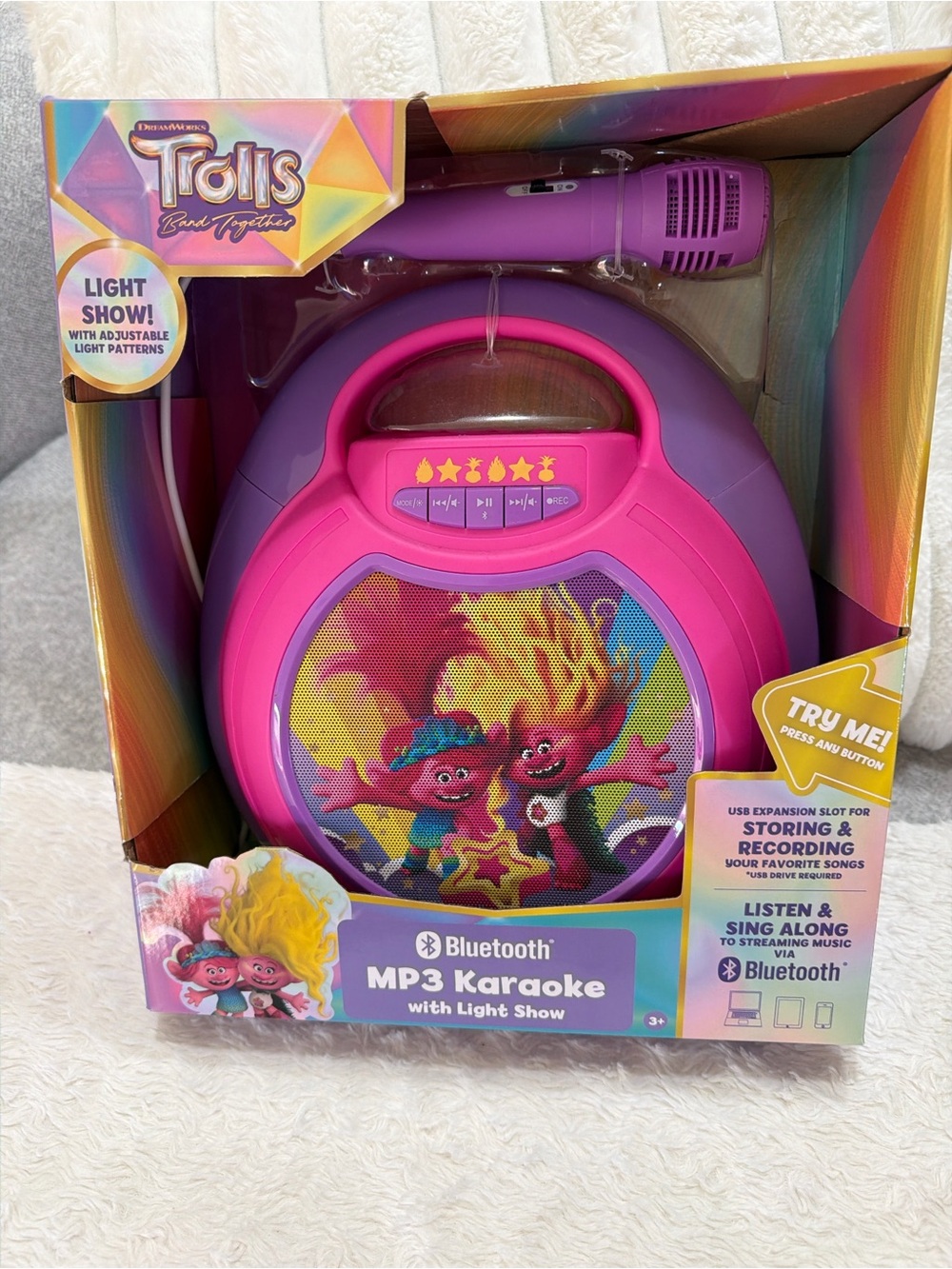 Trolls Bluetooth Karaoke Boombox in Pink and Purple with Microphone